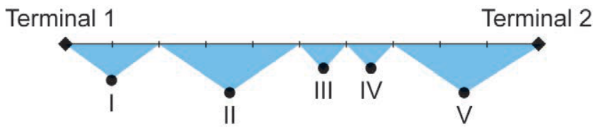 F1 Esquema do percurso em linha reta entre o Terminal 1 e o Terminal 2, dividido em 10 intervalos iguais por pequenos traços verticais. Abaixo da linha, regiões triangulares sombreadas em azul indicam os campos de visão de cinco câmeras numeradas de I a V, posicionadas em vértices inferiores: a câmera I cobre do início (Terminal 1) até o 2º traço; a câmera II cobre do 2º ao 5º traço; a câmera III cobre do 5º ao 6º traço; a câmera IV cobre do 6º ao 7º traço; e a câmera V cobre do 7º traço até o final (Terminal 2).