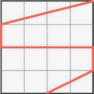 Malha quadriculada 4 por 4 com trajetória que vai do canto superior direito até a lateral esquerda, desce verticalmente por um segmento da borda esquerda, segue horizontalmente até a borda direita, desce verticalmente por um segmento e segue até a borda inferior.