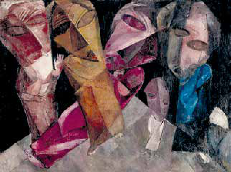 F1 Pintura expressionista a óleo intitulada Eternos caminhantes, mostrando várias figuras humanas estilizadas, com rostos angulosos e melancólicos, em tons terrosos, avermelhados, azuis e cinzas sobre um fundo escuro.