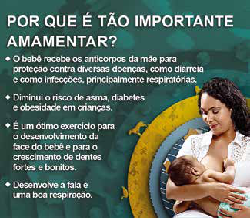 F1 Cartaz de campanha com o título "POR QUE É TÃO IMPORTANTE AMAMENTAR?". À esquerda, quatro itens: "O bebê recebe os anticorpos da mãe para proteção contra diversas doenças, como diarreia e como infecções, principalmente respiratórias."; "Diminui o risco de asma, diabetes e obesidade em crianças."; "É um ótimo exercício para o desenvolvimento da face do bebê e para o crescimento de dentes fortes e bonitos."; "Desenvolve a fala e uma boa respiração.". À direita, uma mulher sorridente amamentando um bebê.