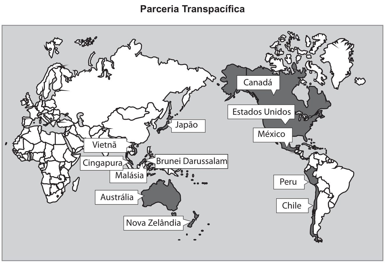 F1 Mapa-múndi com foco no Oceano Pacífico, intitulado "Parceria Transpacífica", indicando e destacando em cinza escuro os países-membros: Canadá, Estados Unidos, México, Peru, Chile, Nova Zelândia, Austrália, Brunei Darussalam, Malásia, Cingapura, Vietnã e Japão.