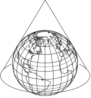 Globo terrestre com meridianos, paralelos e continentes, envolvido por um cone cujo vértice fica acima do Polo Norte.