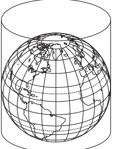 Globo terrestre com meridianos, paralelos e continentes, envolvido por um cilindro de eixo vertical.