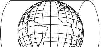 Parte visível de um globo terrestre com meridianos, paralelos e continentes, envolvido por um cilindro de eixo horizontal.