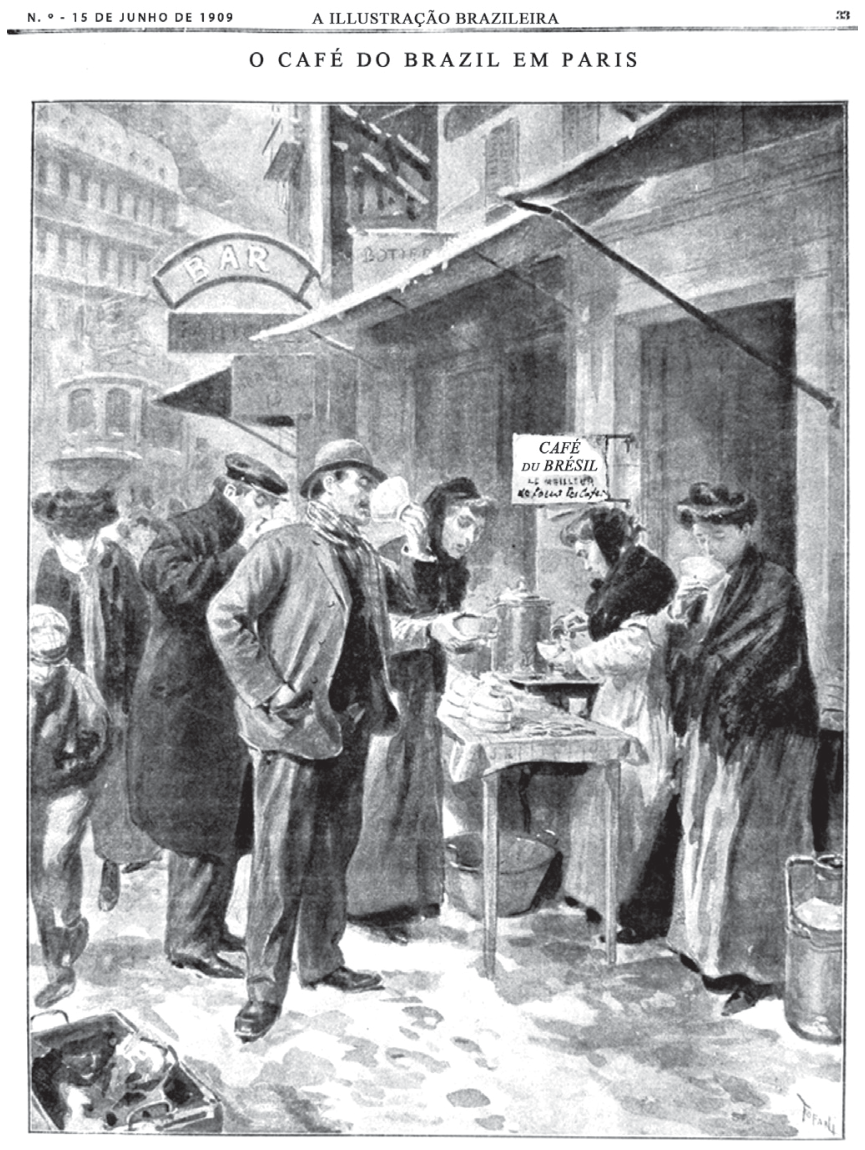 Página do periódico "A Illustração Brazileira", de 15 de junho de 1909, intitulada "O CAFÉ DO BRAZIL EM PARIS". A imagem em preto e branco retrata uma cena de rua em Paris durante o inverno, com neve no chão, onde pessoas da classe trabalhadora consomem café servido em uma mesa na calçada em frente a um estabelecimento. Próximo à mesa, há uma placa fixada à parede onde se lê "CAFÉ DU BRÉSIL LE MEILLEUR de tous les cafés".