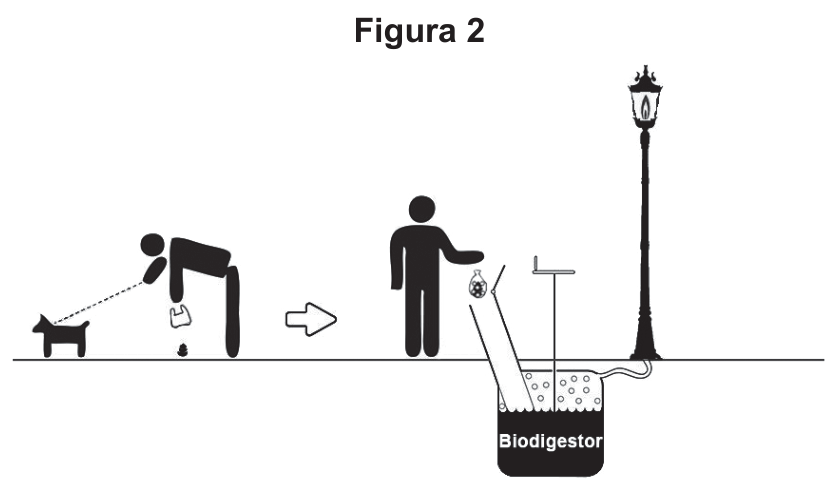 F2 Figura 2: Esquema mostrando uma pessoa recolhendo fezes de cachorro e descartando em um biodigestor subterrâneo. O gás produzido alimenta a chama de um poste de iluminação pública no parque.