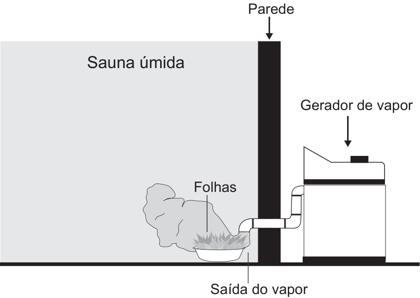 F1 Esquema de uma sauna úmida: um gerador de vapor fora da parede envia vapor por um tubo até uma saída dentro da sauna, onde há folhas; setas identificam parede, gerador de vapor, folhas e saída do vapor.
