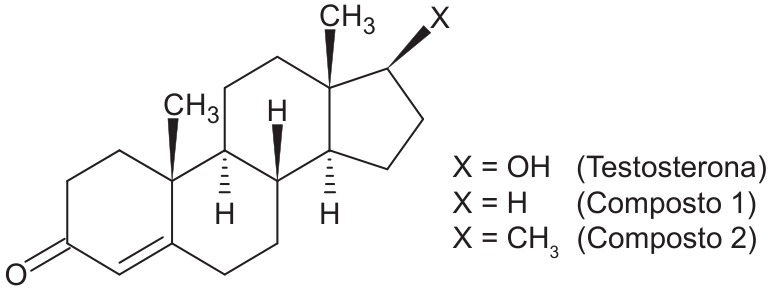 Estrutura química com quatro anéis fundidos, uma carbonila, uma ligação dupla e grupos CH₃; o substituinte X é OH na testosterona, H no composto 1 e CH₃ no composto 2.