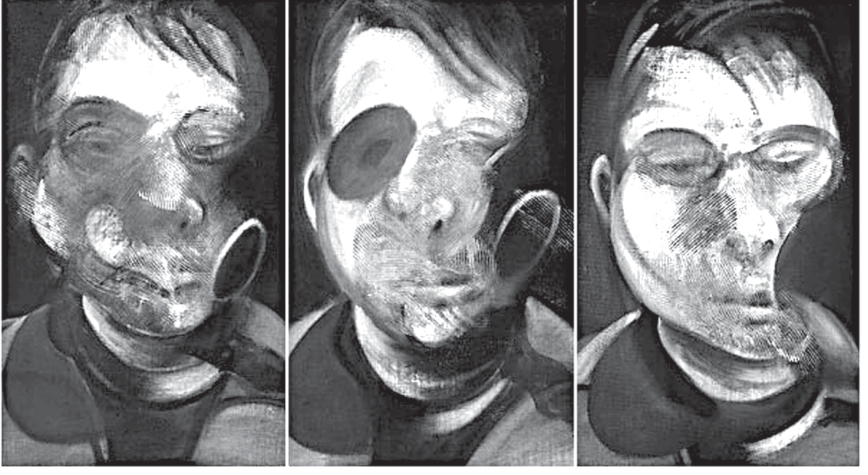F1 Pintura em tríptico, intitulada "Três estudos para um autorretrato", mostrando três variações de um mesmo rosto masculino contorcido e deformado por pinceladas sobrepostas e áreas esfumaçadas.