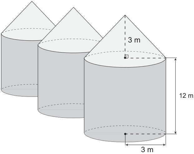 Três silos cilíndricos com topos cônicos enfileirados, destacando-se as dimensões do primeiro: altura do cone igual a 3 m, altura da parte cilíndrica igual a 12 m e raio da base igual a 3 m.