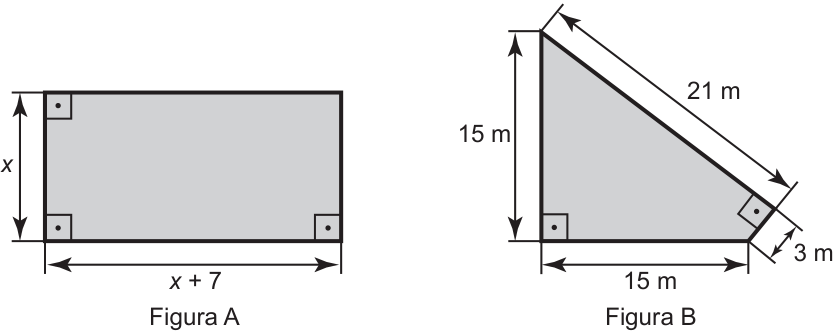 Figura A: retângulo de largura x e comprimento x + 7. Figura B: quadrilátero com ângulo reto entre dois lados de 15 m cada; a partir do vértice superior, um lado inclinado mede 21 m e encontra perpendicularmente um lado de 3 m que se liga ao lado horizontal de 15 m.