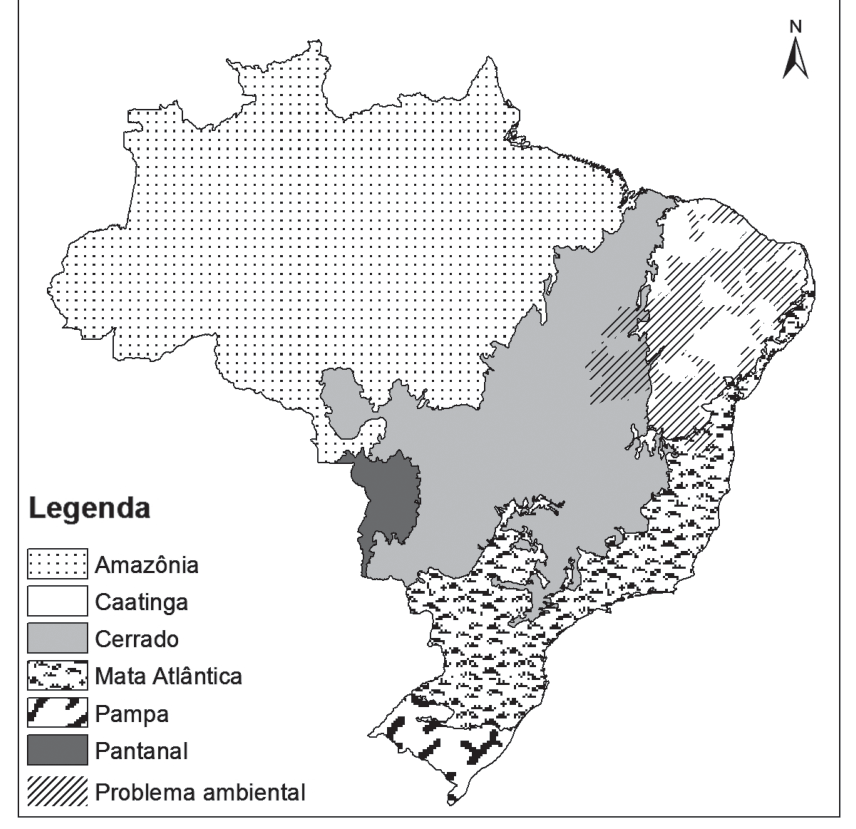 Mapa dos biomas brasileiros (Amazônia, Caatinga, Cerrado, Mata Atlântica, Pampa, Pantanal) com uma hachura diagonal sobre a maior parte do bioma Caatinga e parte oriental do Cerrado, identificada na legenda como "Problema ambiental".