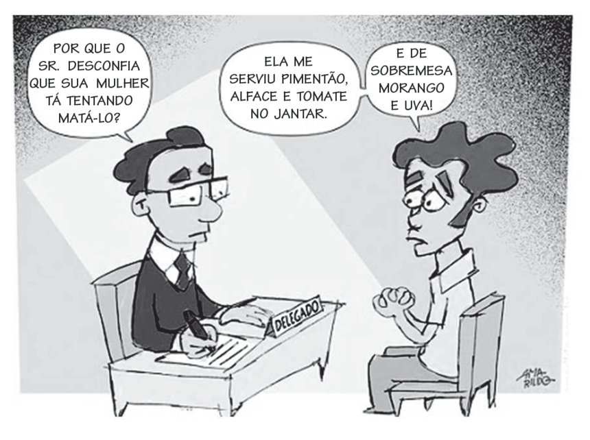 Charge de Amarildo mostrando um homem depondo diante de um delegado. O delegado pergunta por que o homem desconfia que sua mulher está tentando matá-lo, ao que ele responde que ela lhe serviu pimentão, alface e tomate no jantar, e morango e uva de sobremesa.