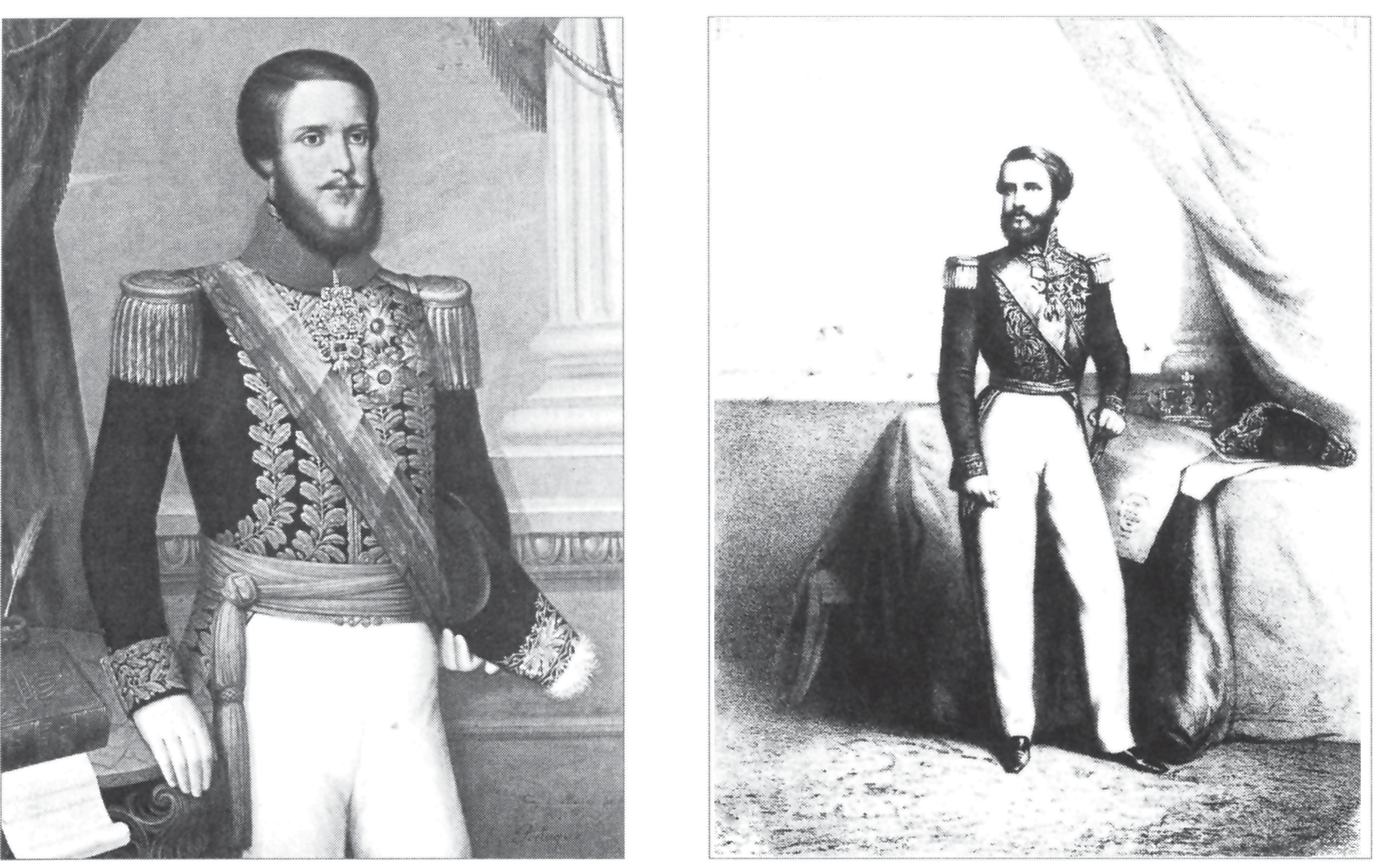 Dois retratos de D. Pedro II: à esquerda, retrato em meio-corpo com farda militar de gala, insígnias, faixa transversal e barba, com uma das mãos apoiada sobre uma mesa com livros e papéis; à direita, retrato de corpo inteiro na mesma postura imponente e trajes semelhantes, ao lado de uma mesa com tecidos e a coroa imperial.