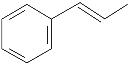 Fórmula estrutural do 1-fenil-1-propeno: anel benzênico ligado ao grupo CH=CH–CH₃.