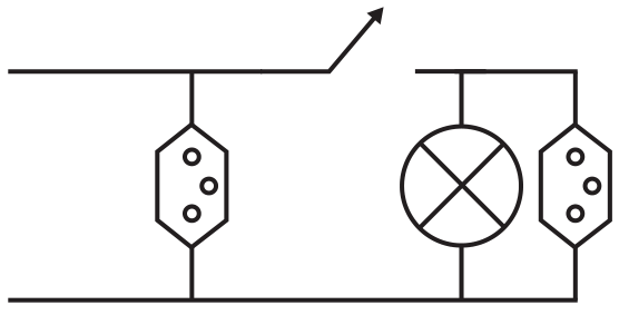 F3 Circuito com uma tomada antes do interruptor no fio superior; após o interruptor, lâmpada e outra tomada ligadas em paralelo ao fio inferior.