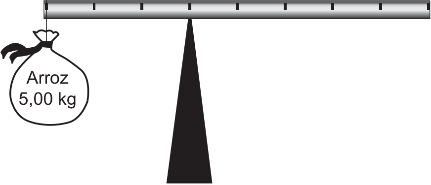 F1 Barra horizontal dividida em oito partes iguais, apoiada sobre uma base triangular na terceira marca a partir da extremidade esquerda. Um saco de arroz de 5,00 kg está pendurado nessa extremidade.