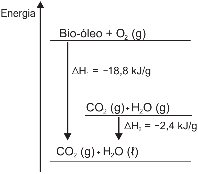 Diagrama de energia com eixo vertical crescente para cima e três níveis: Bio-óleo + O₂ (g) no nível superior; CO₂ (g) + H₂O (g) no intermediário; CO₂ (g) + H₂O (ℓ) no inferior. Uma seta do nível superior ao inferior indica ΔH₁ = −18,8 kJ/g; outra, do intermediário ao inferior, indica ΔH₂ = −2,4 kJ/g.