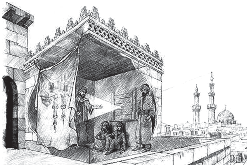 Ilustração mostrando o funcionamento de uma câmara escura instalada em um terraço: um feixe de luz passa por um orifício em uma parede de madeira e projeta a imagem invertida de mesquitas e minaretes sobre um tecido estendido como anteparo no interior escuro, observado por quatro homens com vestimentas árabes de época.
