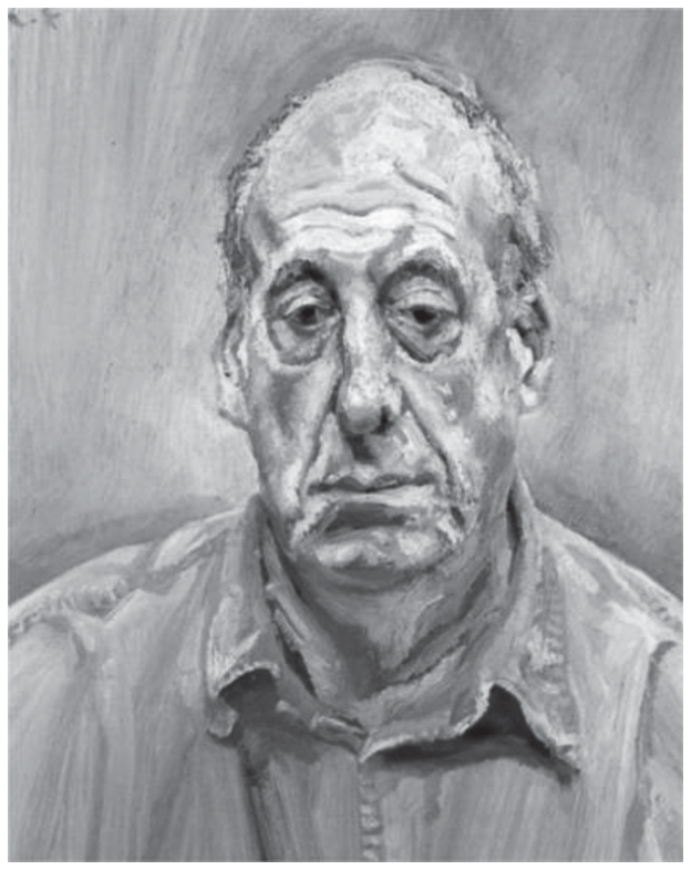 Pintura a óleo sobre tela retratando o busto de um homem idoso, calvo, com olhar cansado e traços faciais marcados por rugas e olheiras profundas, vestindo uma camisa de colarinho.