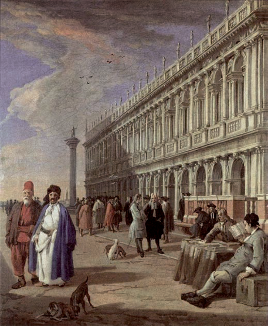 F1 Pintura a óleo retratando uma praça em Veneza com edifícios de colunatas e arcos à direita e uma coluna ao fundo. Em primeiro plano, pessoas conversam e transitam, destacando-se à esquerda dois homens com vestimentas e turbantes de estilo oriental.