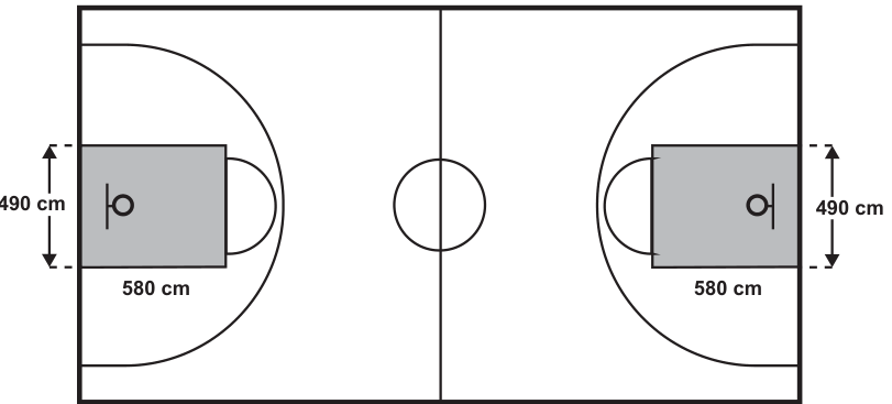 Representação de uma quadra de basquete (Esquema II) com duas áreas restritivas retangulares sombreadas em cinza, cada uma com largura de 490 cm junto à linha de fundo e comprimento de 580 cm em direção ao centro da quadra.