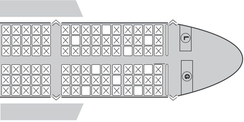 Esquema das poltronas de um avião, com assentos ocupados marcados com X e nove assentos disponíveis em branco. Na parte dianteira, aparecem áreas identificadas pelas letras L e G.