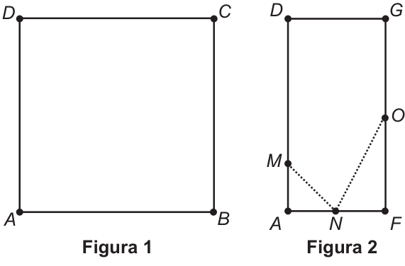 Figura 1: quadrado ABCD, com A no canto inferior esquerdo, B no inferior direito, C no superior direito e D no superior esquerdo. Figura 2: folha dobrada em um retângulo ADGF; M está no lado AD, N é o ponto médio de AF e O é o ponto médio de FG. Linhas pontilhadas ligam M a N e N a O.