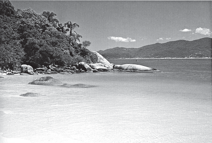 F4 Fotografia de praia de águas calmas e areia clara, com formações rochosas, vegetação nativa e morros ao fundo.