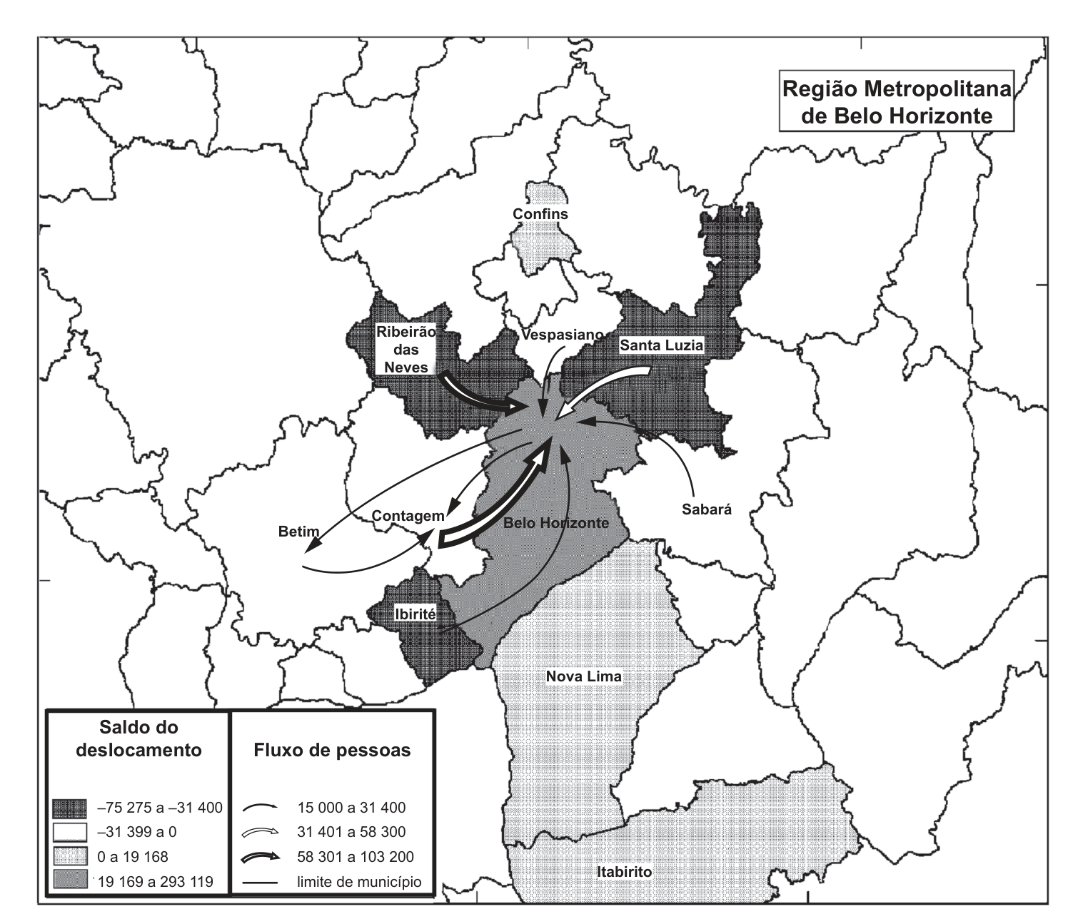 F1 Mapa temático da Região Metropolitana de Belo Horizonte destacando os fluxos pendulares diários de pessoas entre municípios vizinhos e o saldo de deslocamento diário, com fluxos convergindo intensamente para Belo Horizonte e entre polos industriais próximos, como Contagem e Betim.