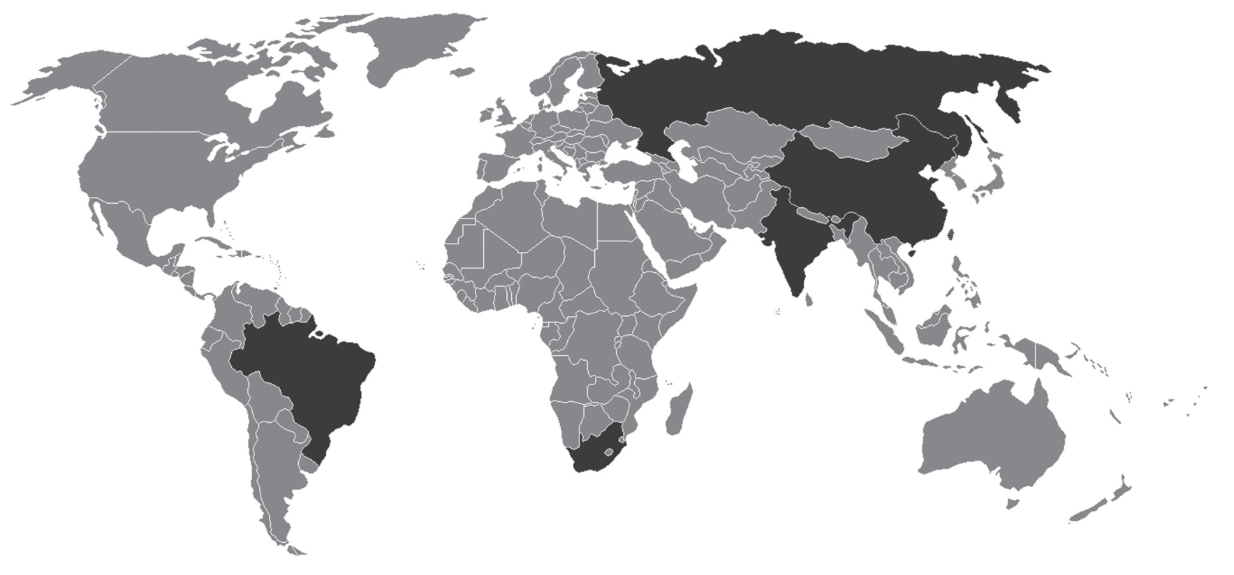 F1 Mapa-múndi destacando em cor escura os países membros do grupo BRICS: Brasil, Rússia, Índia, China e África do Sul