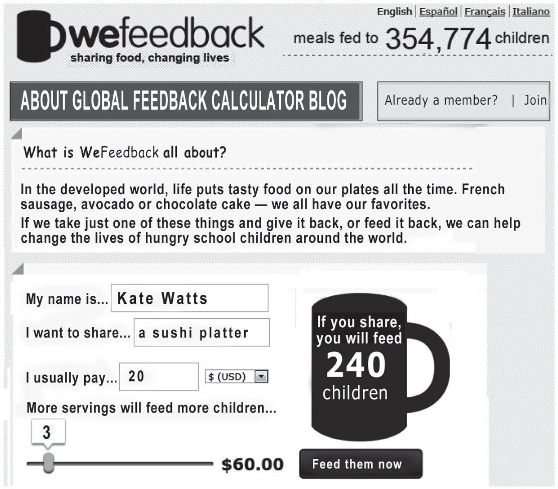Página inicial do site WeFeedback, com o logotipo e o slogan "sharing food, changing lives", além de um contador indicando "meals fed to 354,774 children". Abaixo, há a pergunta "What is WeFeedback all about?" com um pequeno texto, seguido de um formulário interativo no qual constam os campos preenchidos: "My name is... Kate Watts", "I want to share... a sushi platter", "I usually pay... 20 $ (USD)", e um controle deslizante marcando "3" com o valor total de "$60.00". Ao lado, a ilustração de uma caneca traz a mensagem "If you share, you will feed 240 children" e um botão com a inscrição "Feed them now".