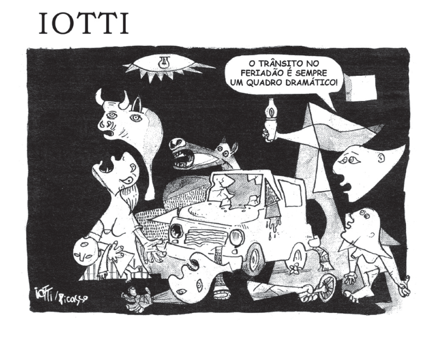 Charge de Iotti que recria a obra Guernica de Pablo Picasso, com figuras em desespero e agonia, trazendo ao centro um carro destruído em uma batida e um balão de fala no canto superior direito: "O TRÂNSITO NO FERIADÃO É SEMPRE UM QUADRO DRAMÁTICO!"
