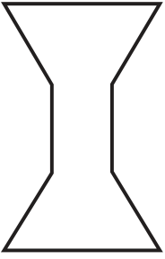 Vista frontal da escultura em forma de ampulheta: dois troncos de cone iguais, com as partes largas nas extremidades, unidos por um cilindro estreito no centro.