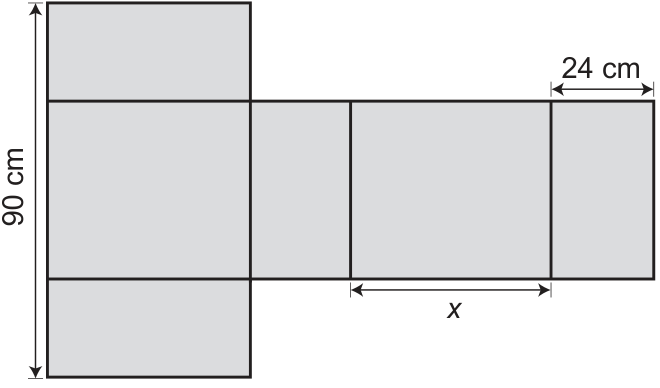Planificação de um paralelepípedo retângulo: quatro faces laterais alinhadas, com uma face acima e outra abaixo da primeira. Uma seta vertical indica 90 cm de altura total; a largura da última face lateral é 24 cm, e a largura da terceira é x.