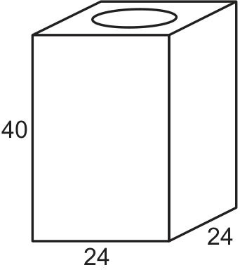 Ilustração de uma lata de tinta em formato de paralelepípedo retangular reto, com altura medindo 40 cm e dimensões da base quadrada medindo 24 cm por 24 cm. Na face superior, há o contorno de uma tampa circular.