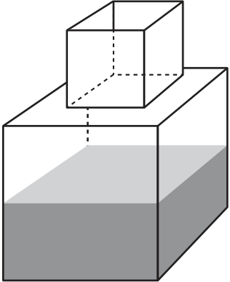 F1 Desenho em perspectiva de um reservatório formado por duas partes cúbicas sobrepostas e comunicantes, em que um cubo menor está apoiado centralizadamente sobre a face superior de um cubo maior. A metade inferior do cubo de baixo está preenchida por líquido sombreado em cinza.