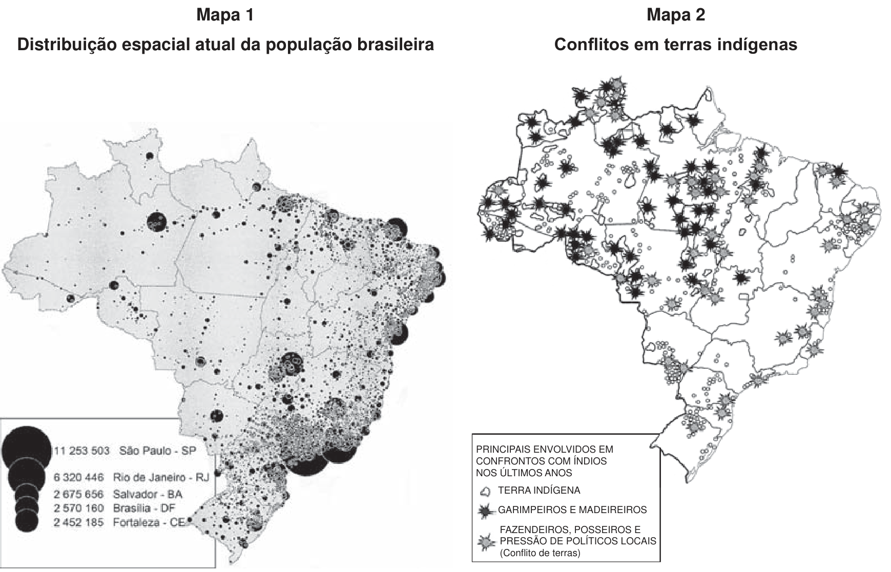 Dois mapas do Brasil lado a lado. À esquerda, Mapa 1: Distribuição espacial atual da população brasileira, mostrando a concentração populacional em círculos proporcionais, predominantemente na faixa litorânea e nas regiões Sudeste e Sul. À direita, Mapa 2: Conflitos em terras indígenas, indicando terras indígenas e confrontos envolvendo garimpeiros e madeireiros (concentrados na Amazônia/Norte) e fazendeiros, posseiros e pressão de políticos locais (concentrados no Centro-Oeste, Norte e partes do Nordeste e Sul).