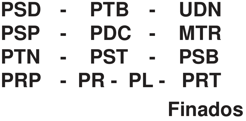 Charge com siglas de partidos políticos dispostas em quatro linhas: PSD - PTB - UDN; PSP - PDC - MTR; PTN - PST - PSB; PRP - PR - PL - PRT. Abaixo, à direita, aparece a palavra “Finados”.