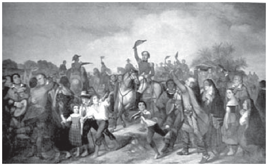F1 Pintura retratando D. Pedro I a cavalo no centro da composição, erguendo o chapéu para o alto, cercado por uma multidão de homens, mulheres e crianças que comemoram e o aclamam.
