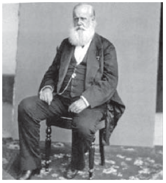F2 Fotografia em preto e branco de D. Pedro II em idade avançada, com longa barba branca, sentado de frente em uma cadeira de espaldar trabalhado, vestindo terno escuro sóbrio com colete e corrente de relógio de bolso.