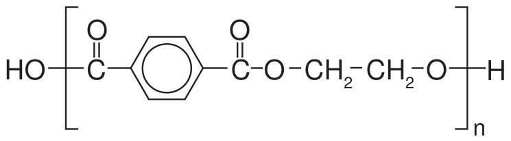 Estrutura química do PET: HO–[C(=O)–anel benzênico–C(=O)–O–CH₂–CH₂–O]ₙ–H.