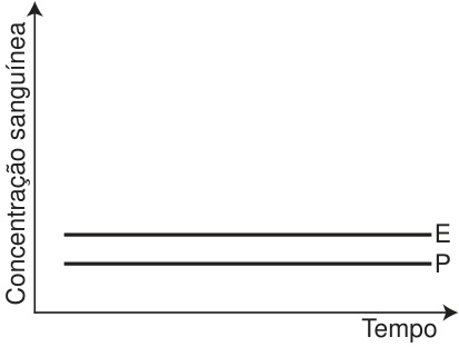 Gráfico de concentração sanguínea em função do tempo: duas linhas horizontais constantes, com E acima de P.