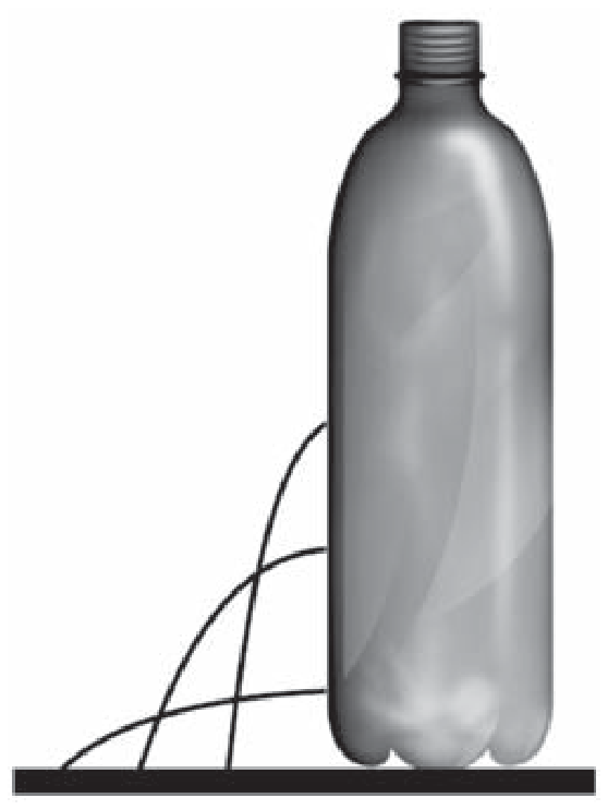 Ilustração de uma garrafa PET destampada e cheia d'água apoiada sobre uma superfície plana. Na lateral esquerda inferior, três orifícios dispostos verticalmente a diferentes alturas expelem jatos d'água em trajetórias parabólicas até a superfície.