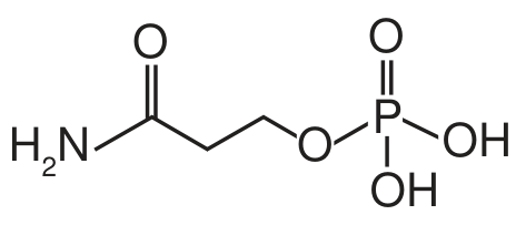 Estrutura química H₂N–C(=O)–CH₂–CH₂–O–P(=O)(OH)₂.