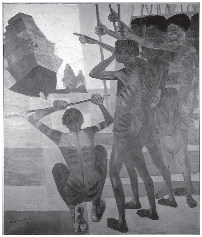 Pintura O descobrimento do Brasil (1956), de Candido Portinari, retratando em primeiro plano indígenas nus com pinturas corporais, de costas e de perfil, gesticulando e observando embarcações portuguesas que se aproximam ao fundo.