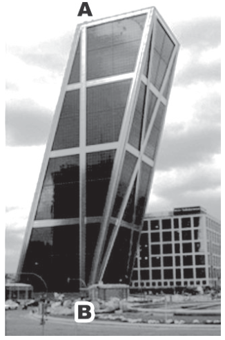 Fotografia de uma das torres inclinadas Puerta de Europa, com a letra A no topo do edifício e a letra B na sua base.