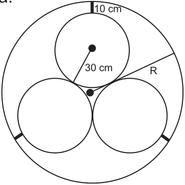 Seção transversal de três canos circulares iguais, tangentes entre si, dentro de um cano circular maior. Um segmento indica o raio de 30 cm de um cano menor; outro, o raio R do cano maior. Espaçadores de metal mantêm uma distância indicada de 10 cm entre os canos menores e o maior.