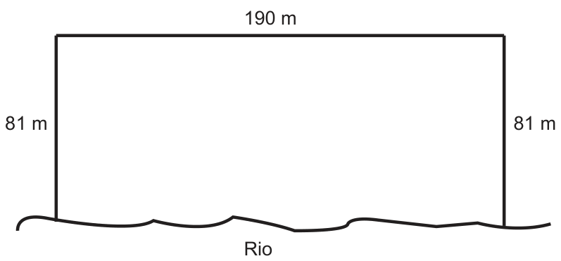 F1 Esquema de um terreno retangular com três lados cercados e a base aberta margeada por um rio. O lado superior mede 190 m e as laterais medem 81 m cada.