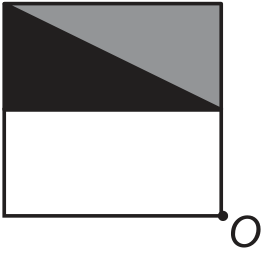 F1 Quadrado dividido horizontalmente ao meio: metade inferior branca; metade superior dividida por uma diagonal do canto superior esquerdo ao ponto médio da lateral direita, com região inferior preta e superior cinza. O ponto O está no canto inferior direito.